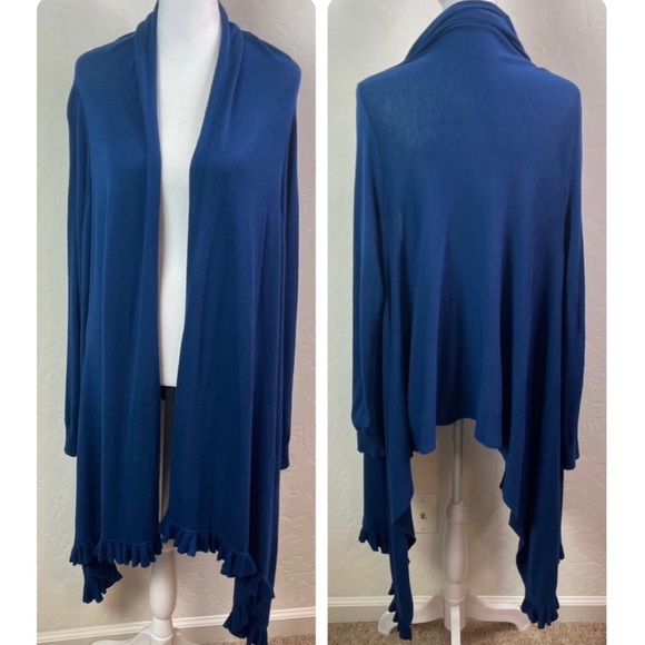 Love Moschino Blue Ruffle Hem Cotton Blend Open Front Waterfall Cardigan Sweater - Picture 15 of 16
